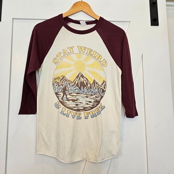 Obey Tops - OBEY Size Small Raglan T-Shirt Maroon Big Foot Print “Stay Weird and Live Free”